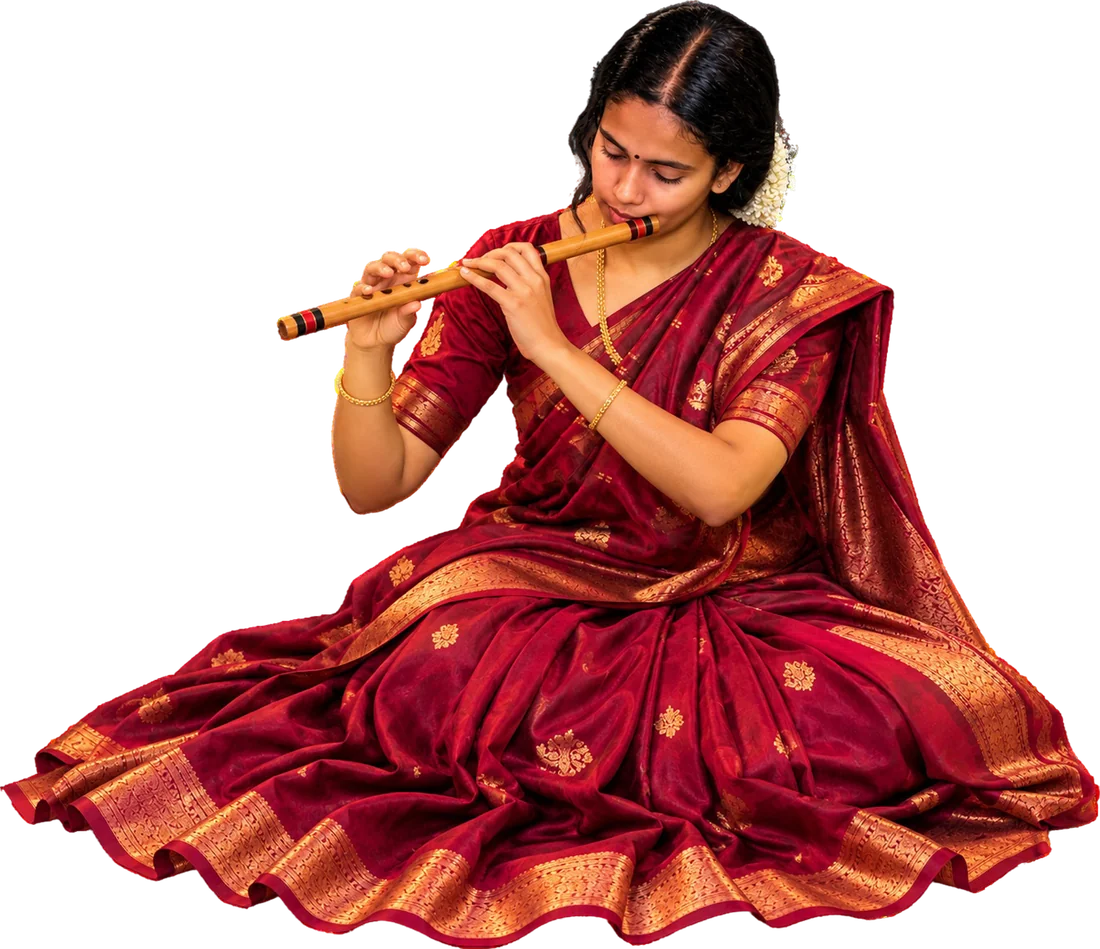 A musician in a maroon silk saree playing the bansuri flute