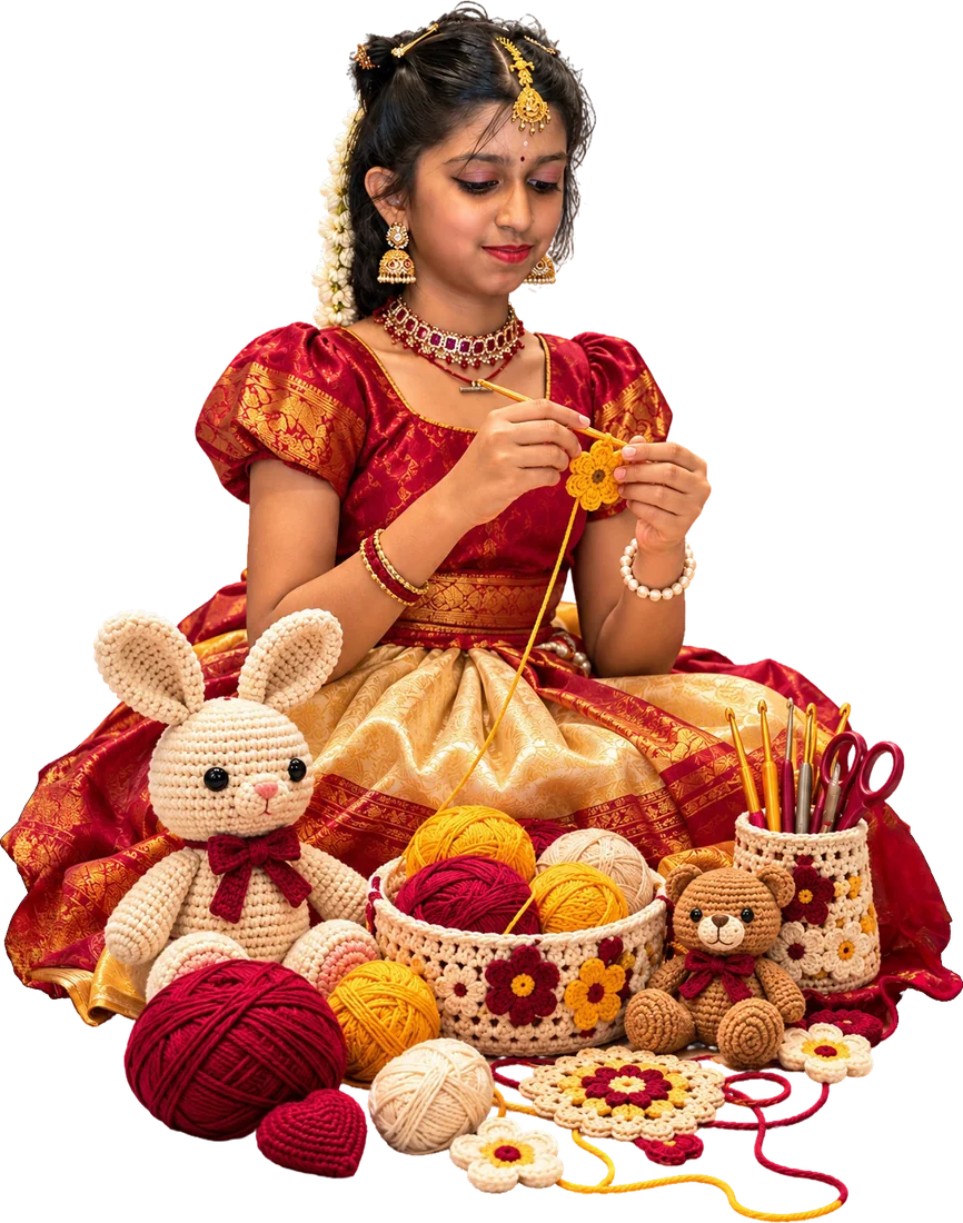 Saisri crocheting Amigurumi toys among balls of yarn