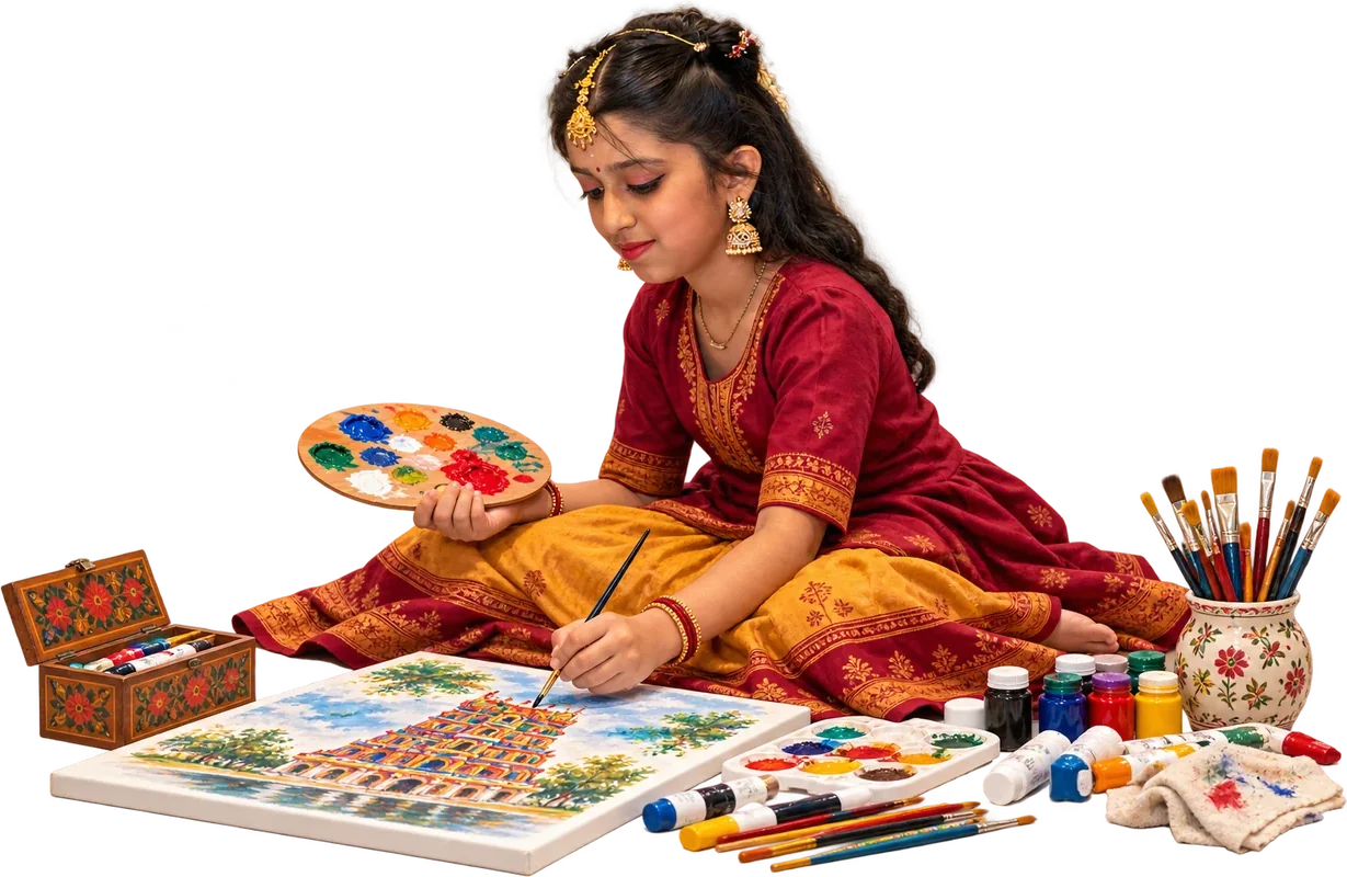 Saisri painting a temple scene with her brushes and palette