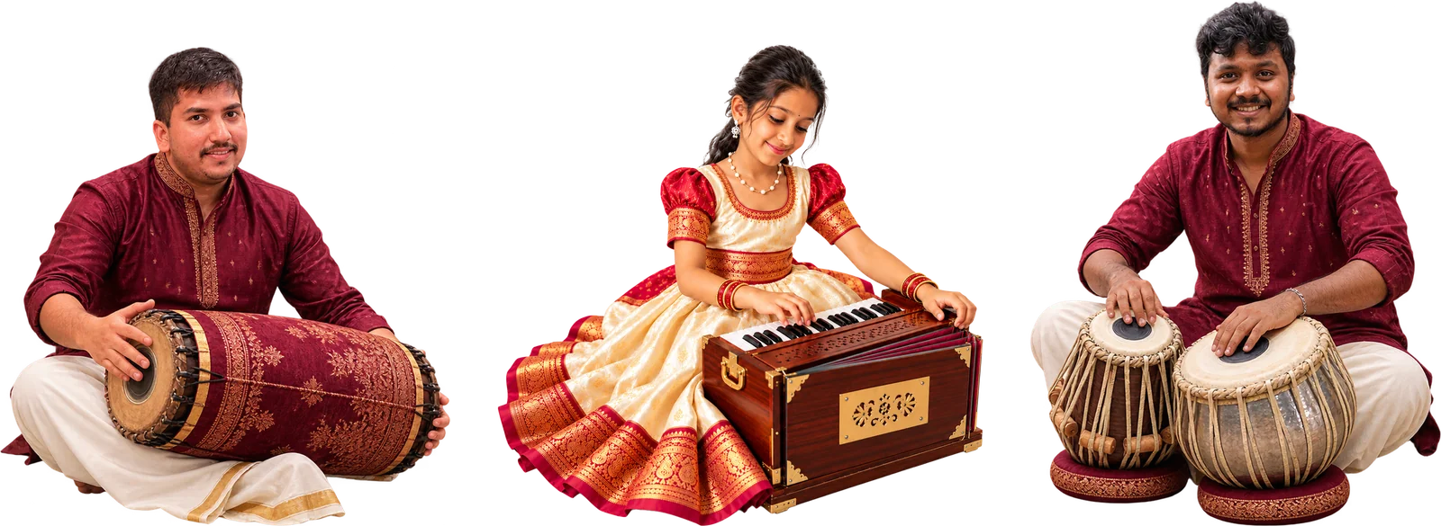 Saisri playing the harmonium between musicians on the mridangam and tabla
