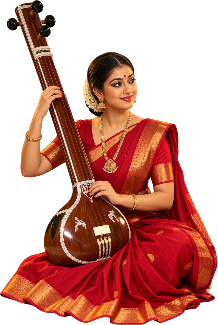 A musician in a red silk saree playing the tambura