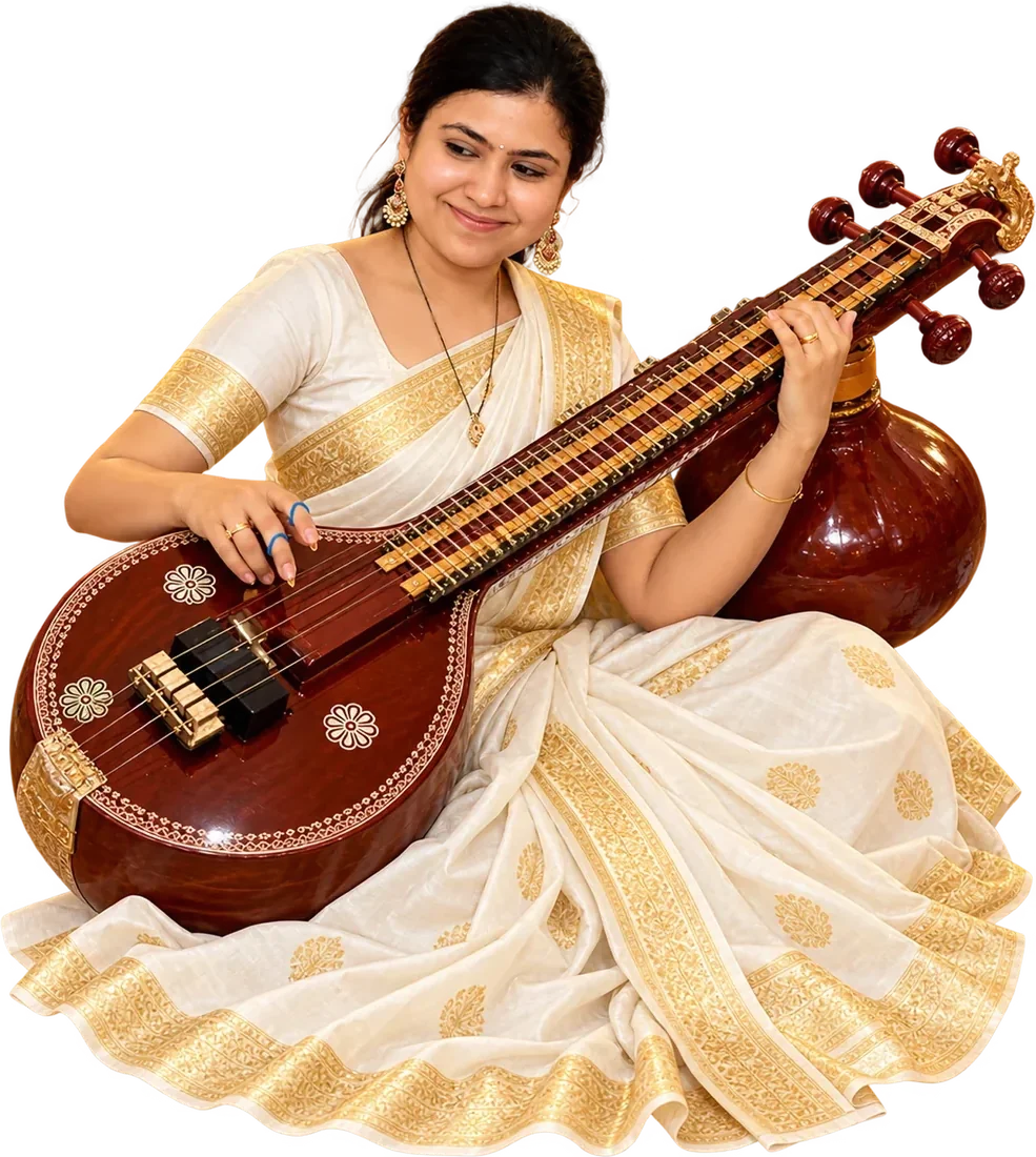 A musician in a cream and gold saree playing the veena